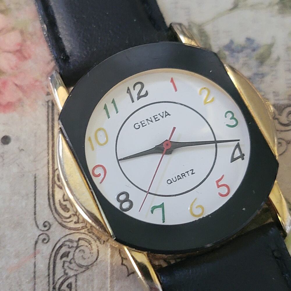 Vintage Watches Geneva Multicolor Numerals Quartz Watch Black Bezel Gold Case